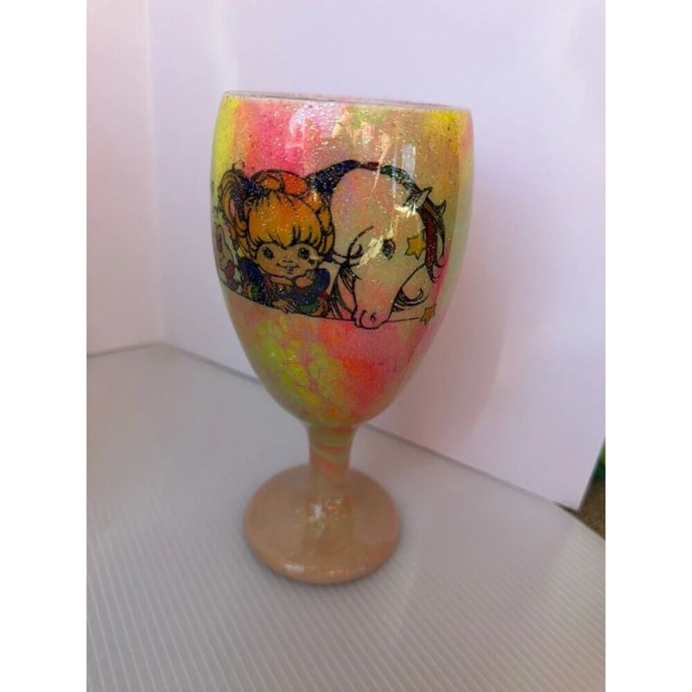 Rainbow brite glitter wine glass plastic cup drinking cup